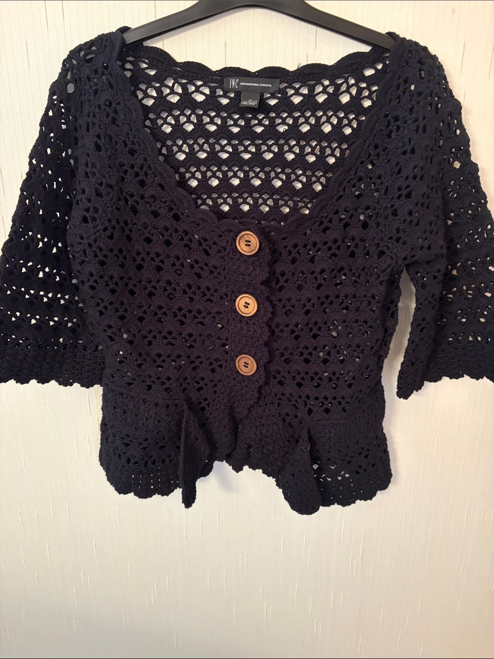 INC International Concepts Black Crochet Button-Front Crop Cardigan